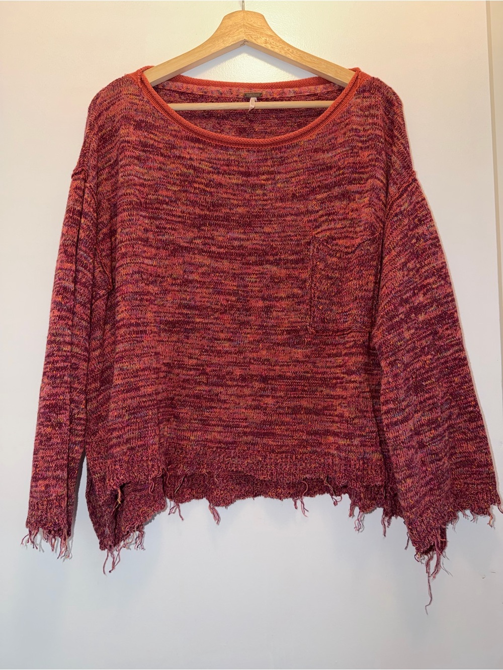 Free People Marled Distressed Eaw Shem Crewneck Sweater With Front Pocket Size S
